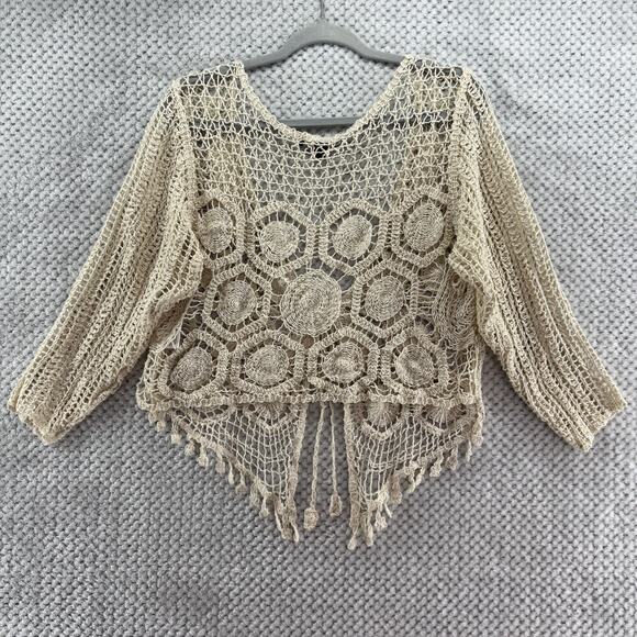 Y2K VTG Fever Cardigan L Beige Crochet V-Neck Tie Front Coquette Boho Festival - Picture 7 of 14